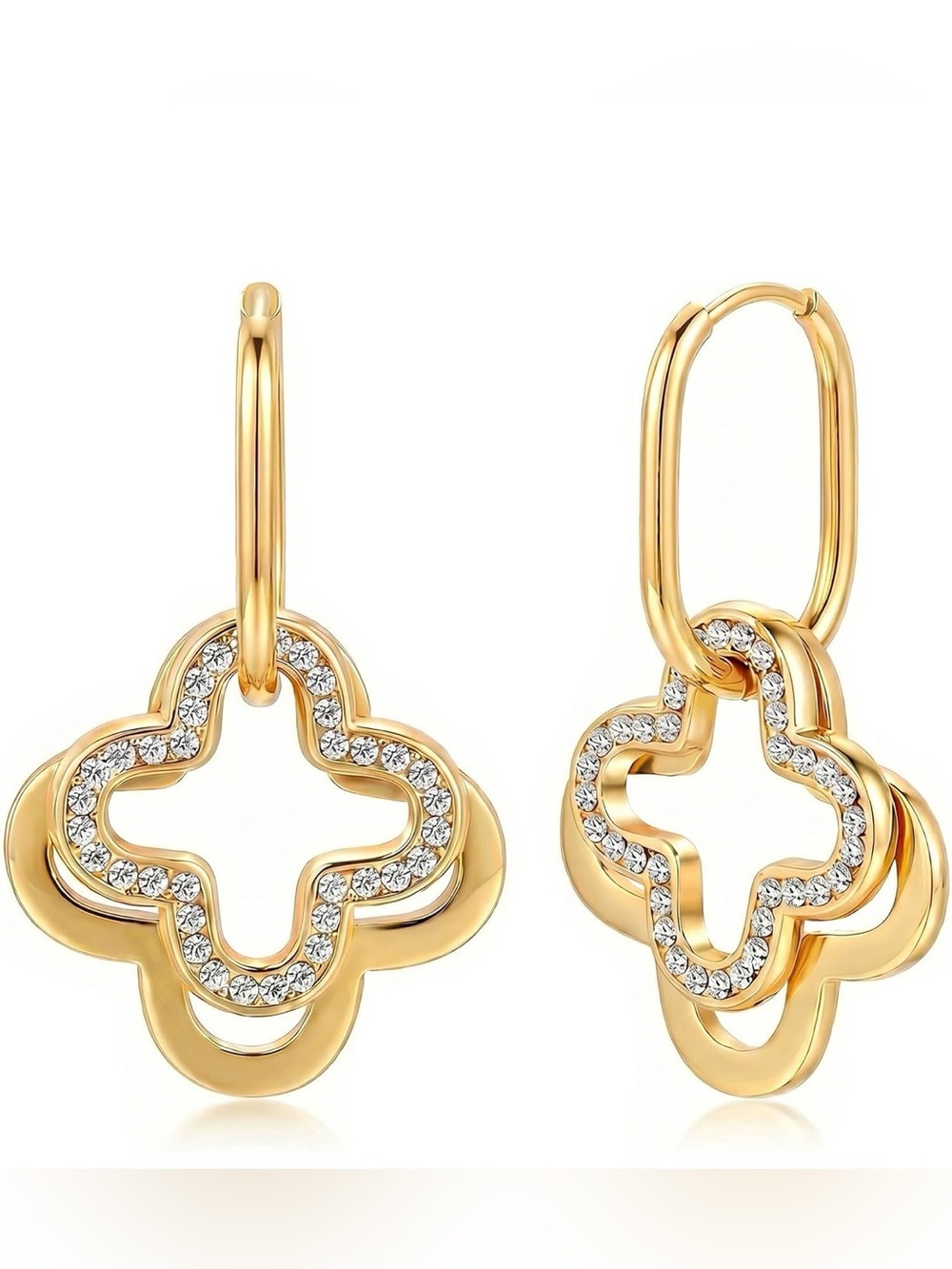 18K Gold plated Crystal Clover leaf Drop Earrings - Women Jewelry